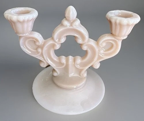 Vintage Cambridge Crown Tuscan Double Candle Holder, Pink Milk Glass