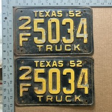 1952 Texas truck license plate pair 2F 5034 YOM DMV hard to find ORIGINAL 19781