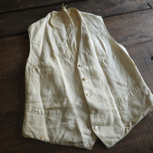Antique 1800s Mens Waistcoat Vest Victorian Cream Four Pocket Cinch Back 1900s