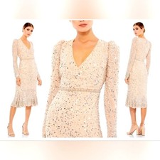 Mac Duggal Size 16 Sequin Midi Formal Dress Nude Silver Long Sleeve 10740