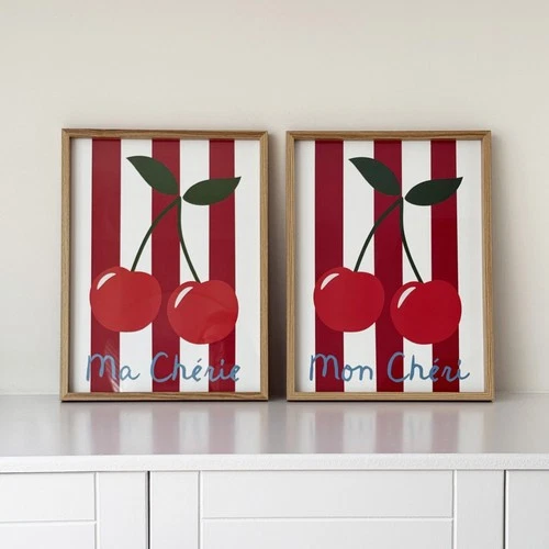 Cherry Framed Wall Art - Red and White Striped Prints - Ma Cherie / Mon Cheri
