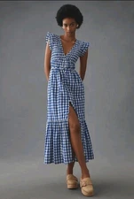 Anthropologie Maxi Dress Size XS Peregrine Midi Dress Indigo Gingham Cottage