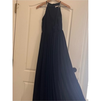 bhldn navy bridesmaid dresses Wedtrend Dark Navy A Line V Neck Floor Length Long Chiffon Bridesmaid Dress  With Slit Wedding Party Dress – WEDTREND main image 1