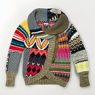 Desigual Multi Print Colorful Patchwork Cardigan Size L Funky Cardigan Cowl Neck