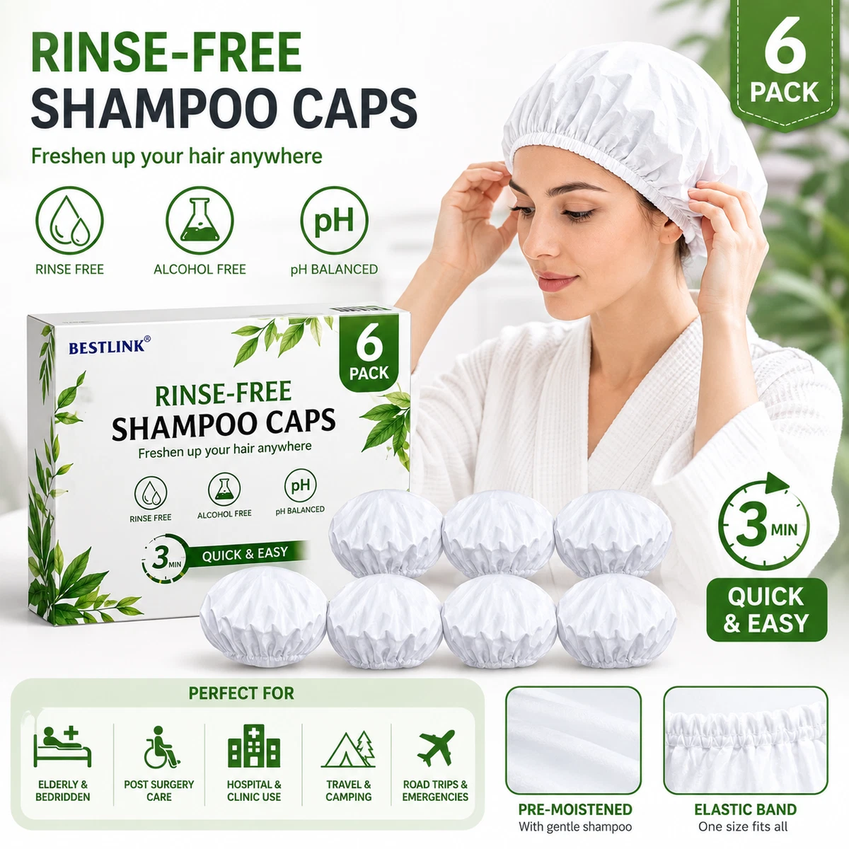 No Rinse Haarwäsche Shampoo Caps für ältere Bettlägerige Krankenhauspflege 6er Pack