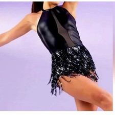 Weissman Dance Costume Adult MA Black Fringe Sequin Tassels Faux Leather Accents
