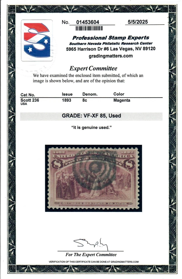 Scott 236 Used Premium Example PSE Graded VF-XF 85 - Image 2 of 2