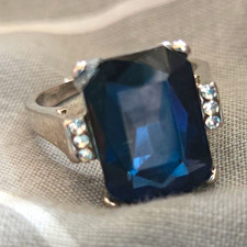 Silver Tone Cocktail Ring Size P Blue Emerald Cut Rectangle Stone Prong Set