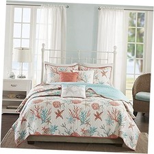 Quilt Set Cottage Coastal Design, King/Cal King 104 in x 94 in Coral Multi