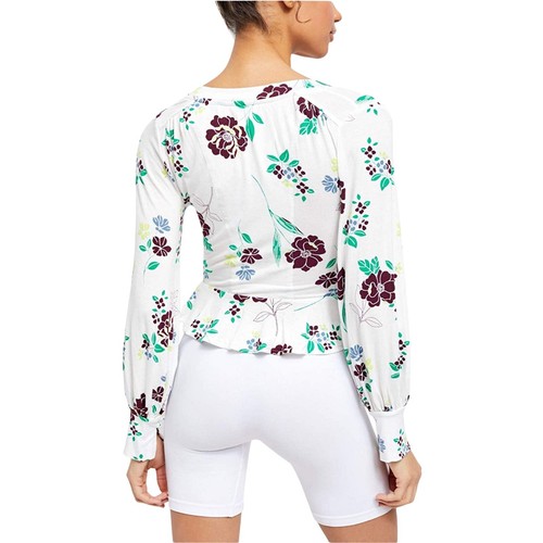 Free People Women White Purple Floral Wrap Front Long Sleeve Blouse Small - Foto 4 di 4