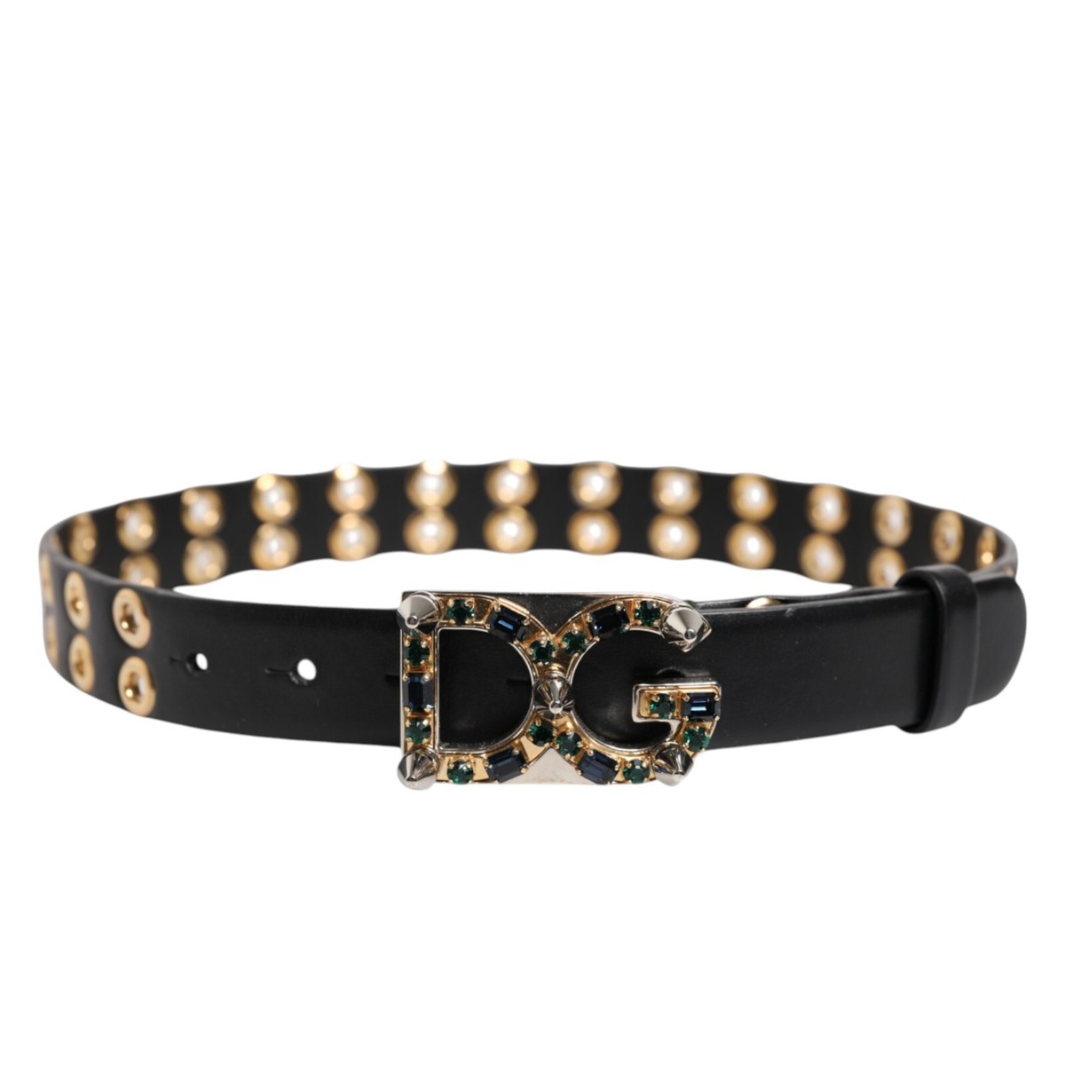 DOLCE & GABBANA Belt Black Leather Eyelet Crystal DG Buckle 70cm