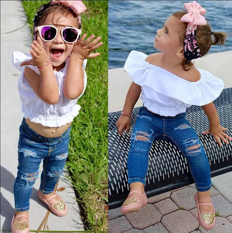 2PCS Toddler Infant Girls Outfit white tops Hole Denim pants Jeans Clothes Set