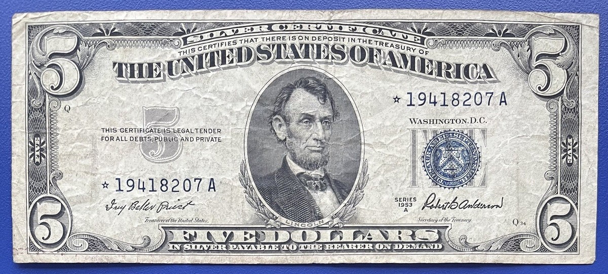 あっさ（感謝）/5 1953 A Five Dollar Silver Certificate Blue Seal $5 Bill *** STAR