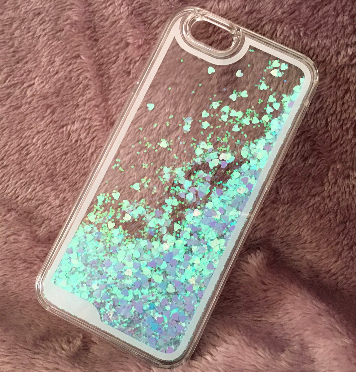 iPhone 6S BLUE PINK Sparkle Glitter Hearts Waterfall Liquid Hard Case  Cover