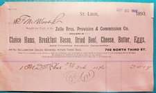 Antique  Letterhead Billhead Paper ZELLE BROS. Provision Ham Breakfast 9/21/1893