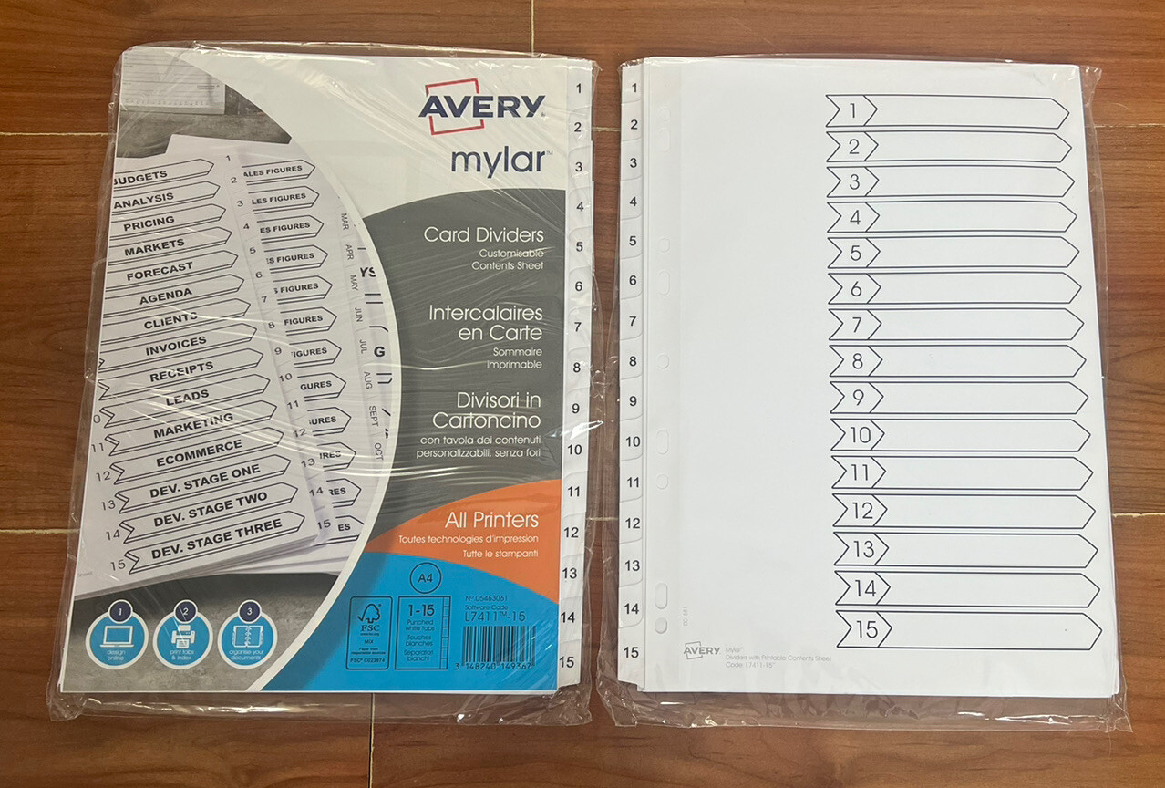 2x  A4 File Dividers Plastic Numbered 1-15 White Tabs Subject Filing