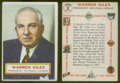 (20250) 1956 Topps 2 Warren Giles RC White Back Executive-VG