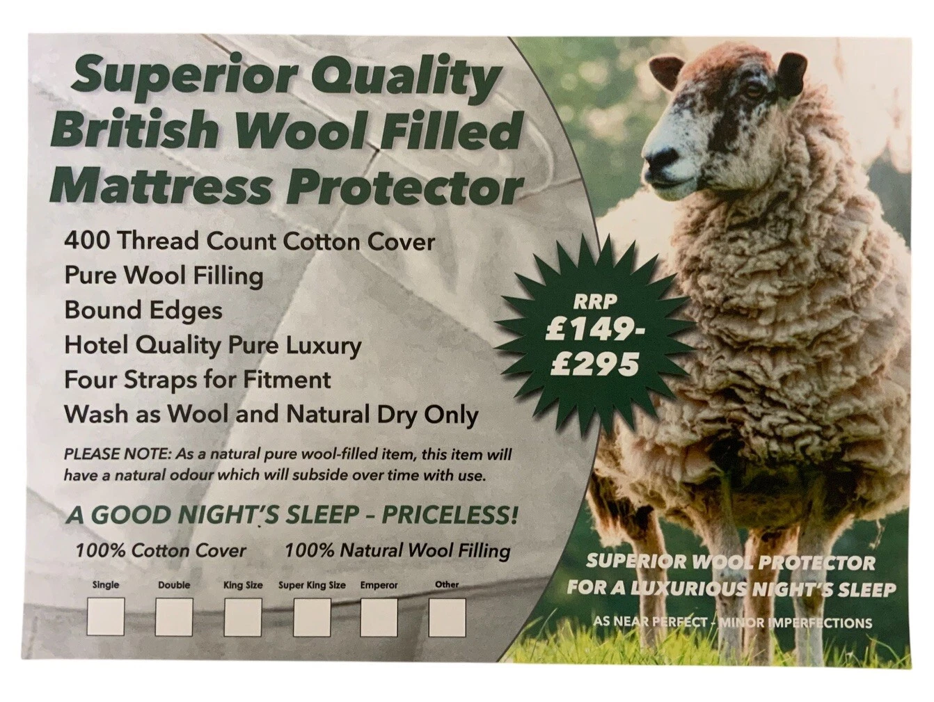ULTIMATE LUXURY MATTRESS PROTECTOR BY V SPRING / SOMNUS SUPER KING WOOL 400 T/C