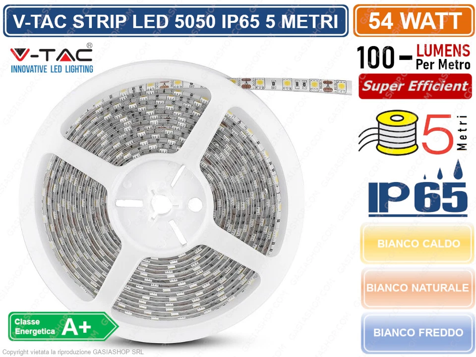 V-TAC STRISCIA LED 5050 IMPERMEABILE MONOCOLORE 300 LED BOBINA DA 5 METRI IP65 - Immagine 2 di 4
