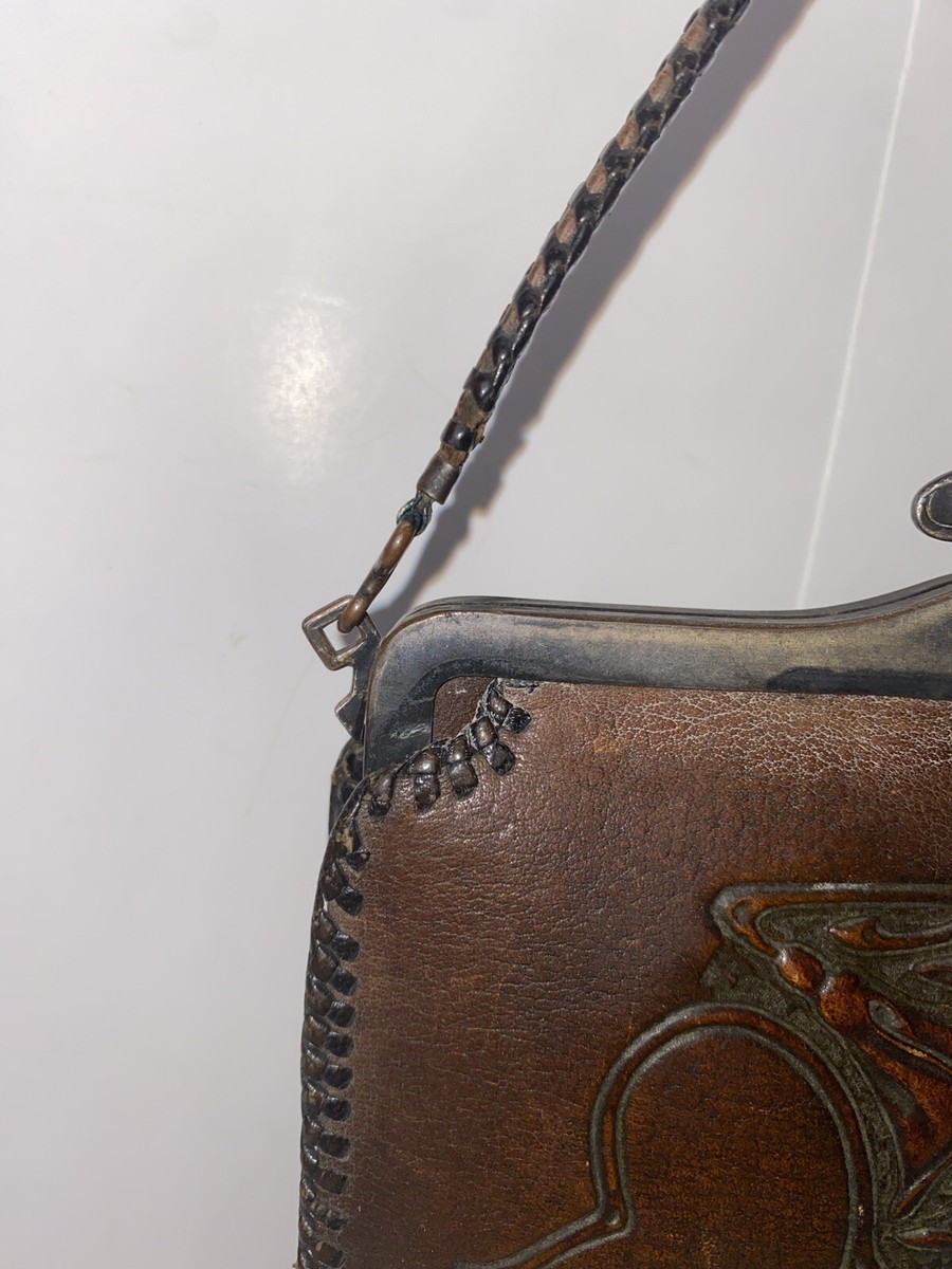 Vtg Antique Leather Handbag Purse Tooled Floral Art 1918 | eBay