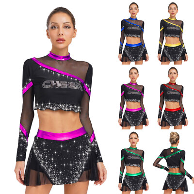 Damen Cheer Leader Kostüm Cheerleading Uniform Glitzer Langarm Crop Top Minirock