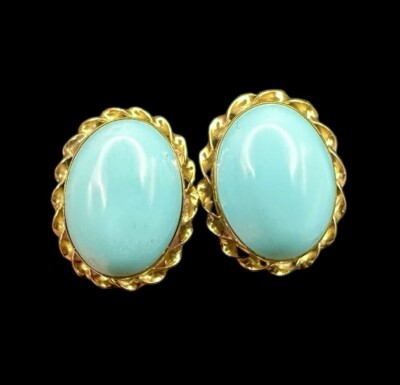 Vintage 18k Gelbgold Dornröschen Blau Türkis Cabochon Ohrstecker Italien