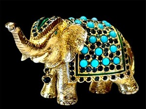 Authentic CINER GOLD PLATED TURQUOISE CABOCHONS SAPPHIRE BLUE RHINESTONE ELEPHANT BROOCH