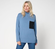Peace Love World Cotton Turtleneck Color Block Pocket Sweater Chambray S New
