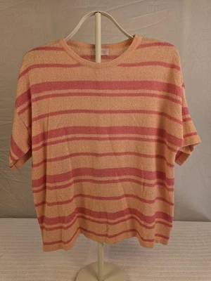 Pink Lily Women's Pink/Tan Striped Knit Crew Neck Oversized Pullover Sweater M - Image 1 of 4