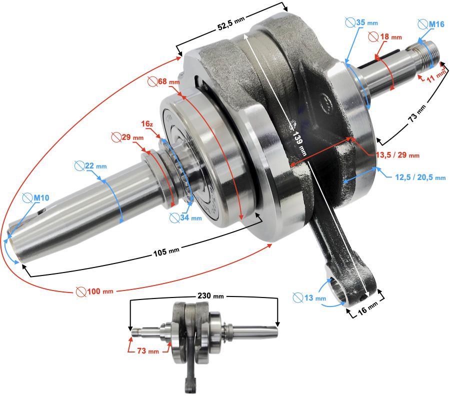 Vilebrequin GT 125 renforcé en acier forgé pour moteur de scooter 4T