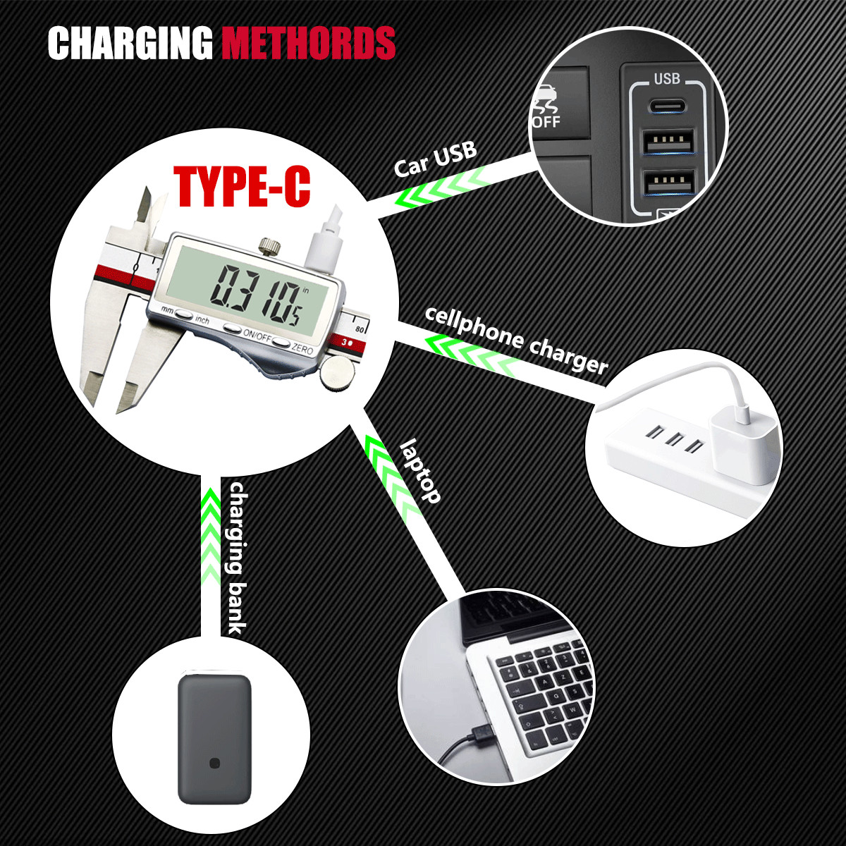 12"Rechargeable Digital Caliper with Stainless Steel Ruler&Large LCD Read