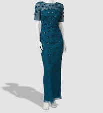 Adrianna Papell Women's Blue Beaded 3D Floral Gown Dress Size 8
