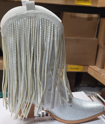 Rollda Silver Rhinestone Fringe Western Mid-Calf Pull On Boots Women's 7.5