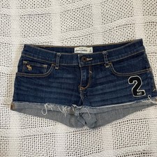 Abercrombie Kids Girls Denim Shorts Dark Wash Frayed Hem Varsity Patch Size 16