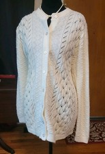 Vintage Brunny White Pointelle Knit Button-Up Cardigan Sweater Made in USA Sz L
