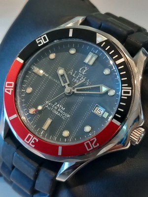 RARE ALPHA PLANET OCEAN BLACK RED BEZEL BLUE DIAL AUTOMATIC WATCH | eBay.de