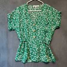 Sweet Rain Green Floral Button Blouse Romantic Peplum Waist Tie Cottagecore