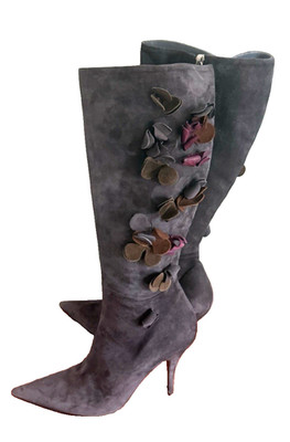 Franklin Elman Tall Boots Suede Leather Floral Gray Made In Italy 38.5/ 8.5
