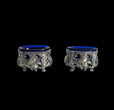 Antique French Pair of Sterling Silver Salt Cellars Blue Glass interior 19th C