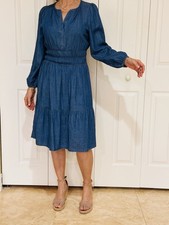 Tommy Hilfiger Size 8 Women's Split Neck Chambray Midi Dress Denim