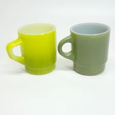 Lot (2) VTG Green Fire King Anchor Hocking Mug Stacking Coffee Cups Glass M08