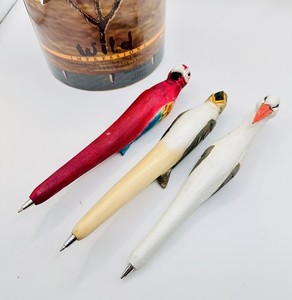 Wild Impressions Hand Carved Wood Bird Pens Set Blue Ink Vintage with 6 Refills