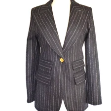 Smythe Black Pinstripe Blazer Jacket Berkin Design 100% Wool USA 6 Runs Small