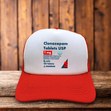Sombrero de camionero Clonazepam Klonopin para hombre rojo benzo etiqueta de medicamento ataque de pánico farmacéutico