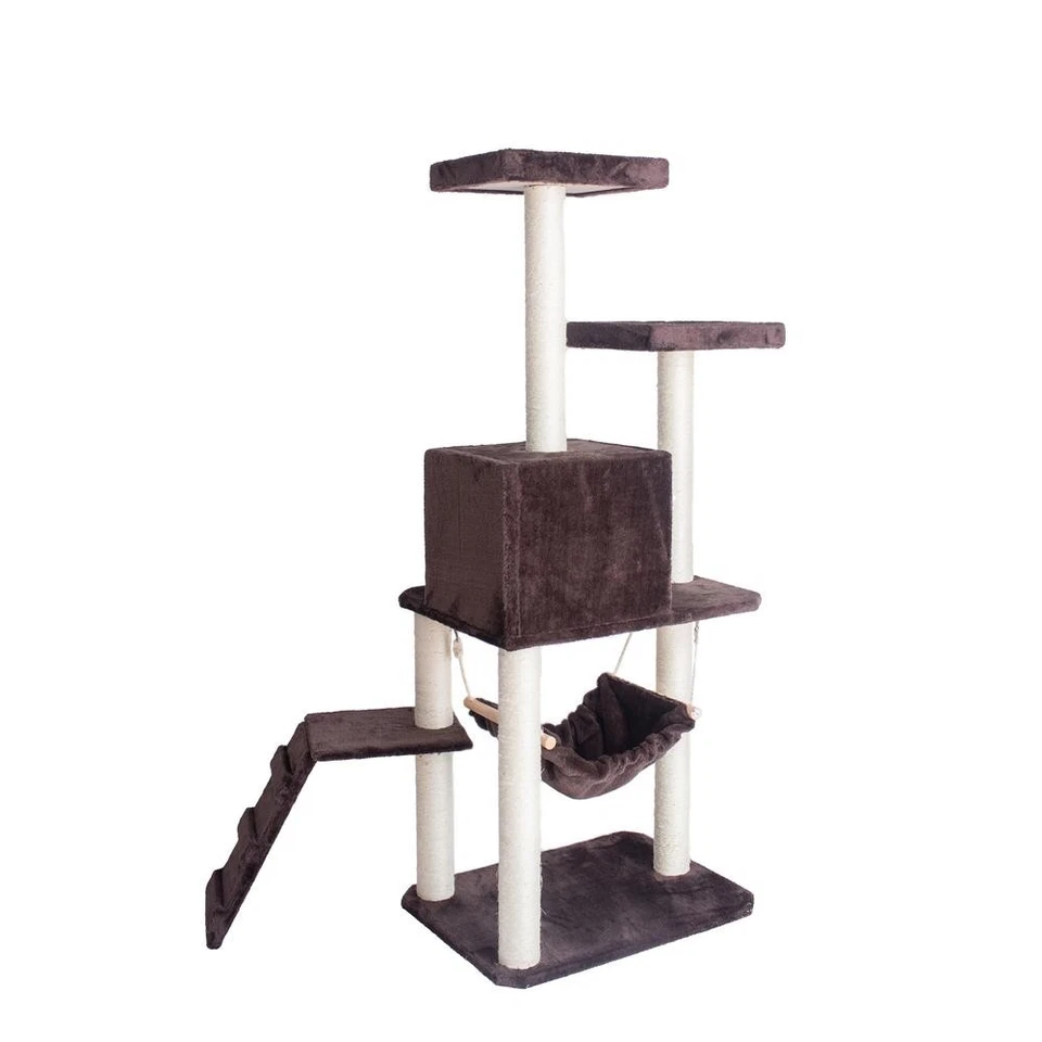 57-Inch Real Wood Cat Tree In Coffee Brown With Four Levels, Ramp - Image 3 of 4