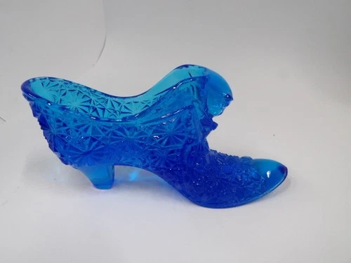 Fenton Blue Slipper Cat and Daisy and Button Blue Art Glass Shoe Vintage