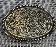 VTG Western Flower Swirl Design Gold Tone Oval Belt Buckle Set with Leather Belt