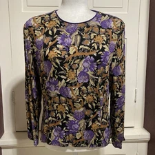Vintage A.K.F. New York Purple Orange Black Floral Blouse Top Fits Like Size M