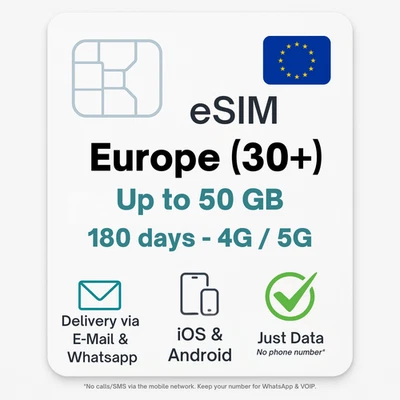 Europa eSIM (+30 Länder) bis zu 50 GB Datentarif digitale e SIM - per Mail- - Bild 1 von 4