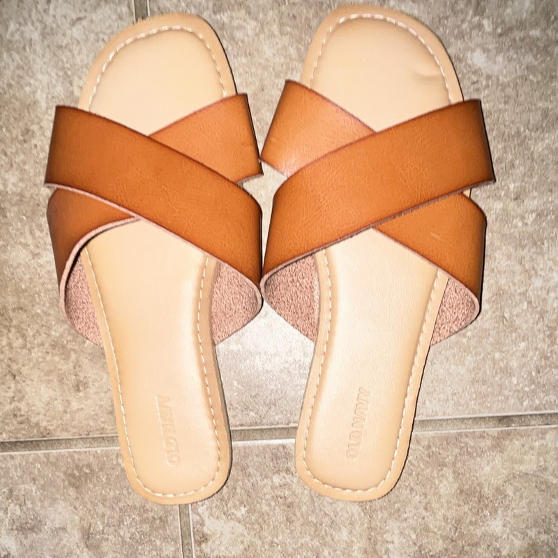 Old Navy Women’s Slide Sandals Brown/Beige Faux Leather Crisscross Straps 8